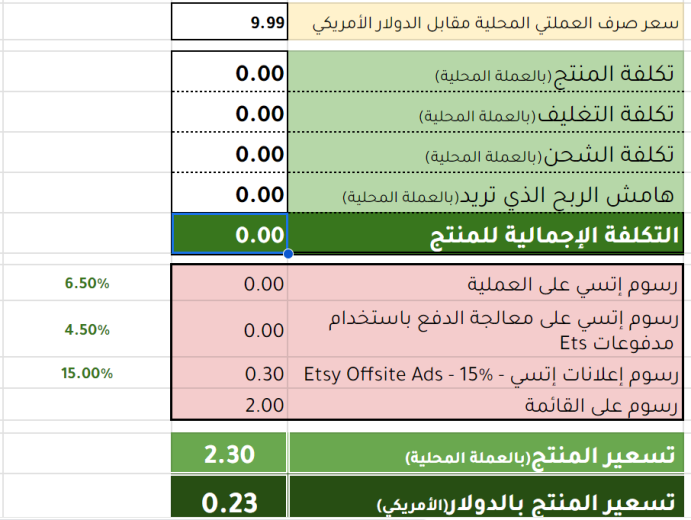 حاسبة التسعير Etsy Calculator
